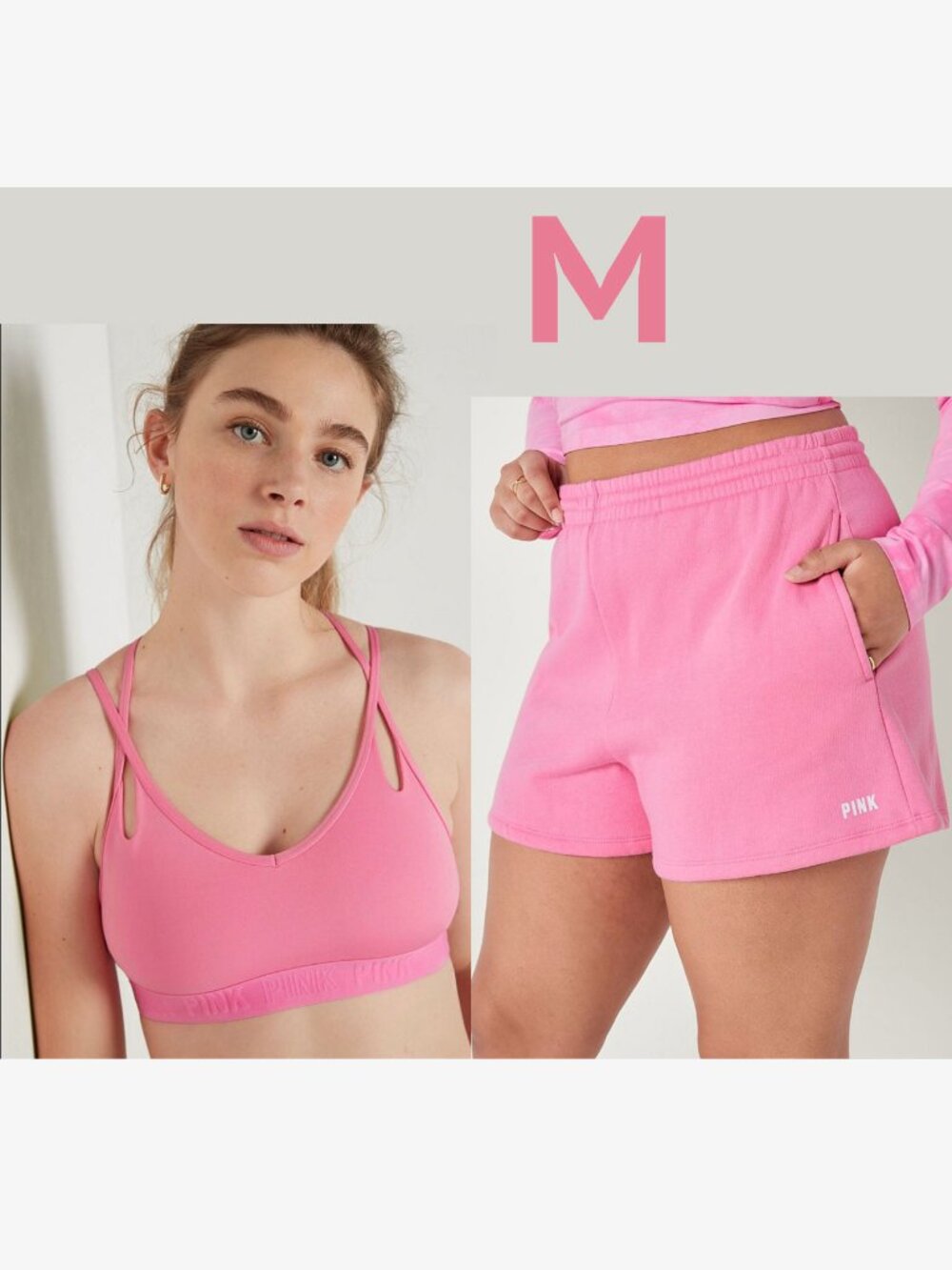 VS PINK Dreamy Pink Ultimate Sports Bra+ 3.5" Campus Sweat Shorts Outfit (M) NWT